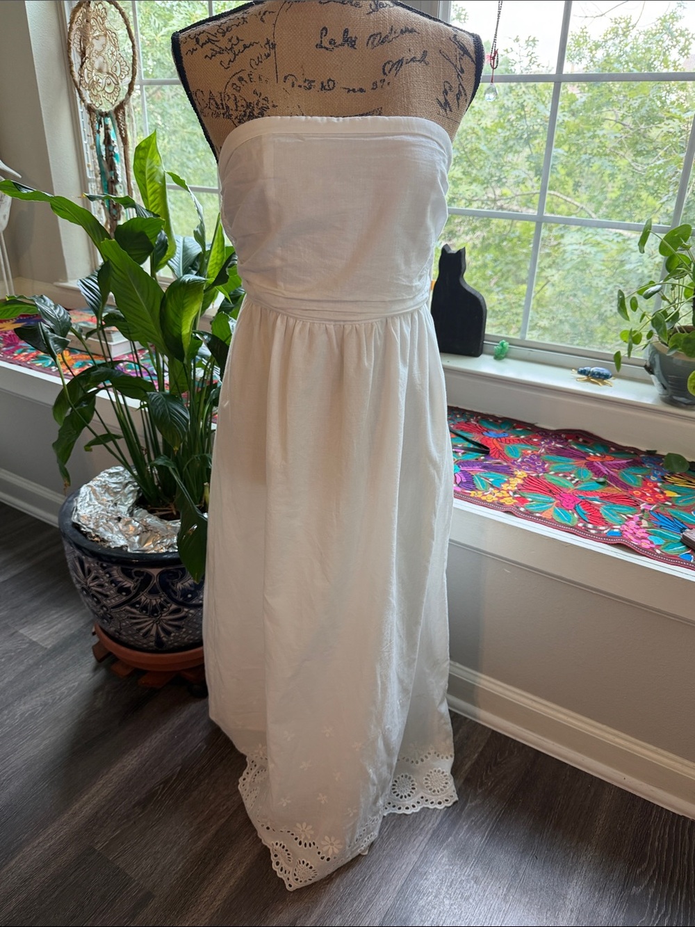 Commense White Strapless Maxi Dress with Eyelet Hem